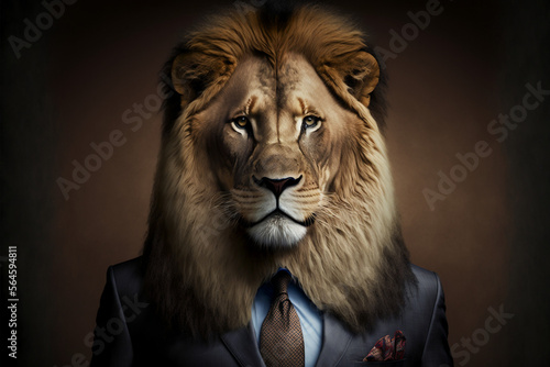 a Portrait of an executive lion wearing suits