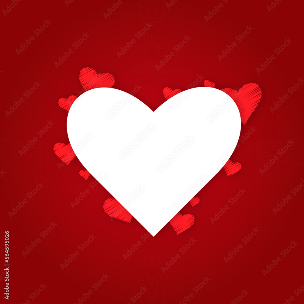 White heart and red hearts on red background