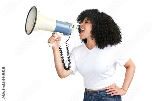 An attractive young woman using a megaphone isolated on a PNG background. photo