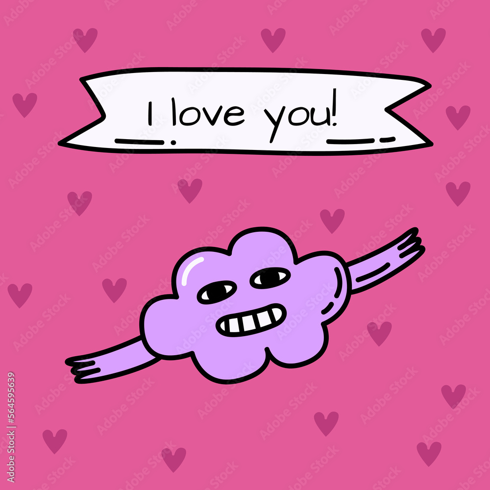 Fototapeta premium Valentines Day pink card with romantic illustrations. Doodle love illustrations. Romantic concept. greeting love card