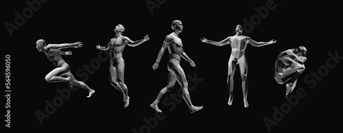 Models of polygonal people in different poses. Man lying curl up on a floor. Marathon runner. Abstract man stepping forward. Men floating and hovering in the air. 3D human body model. Vector.