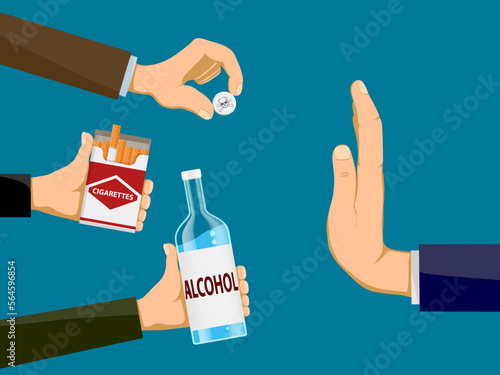 Man with a stop gesture refuses drugs, alcohol and cigarettes