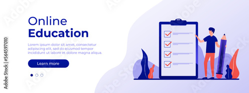 Online education concept. Vector layout for website page. Illustration in flat style with people studying remotely. Students learning online at home. Vector illustration EPS 10