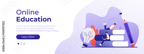 Online education concept. Vector layout for website page. Illustration in flat style with people studying remotely. Students learning online at home. Vector illustration EPS 10