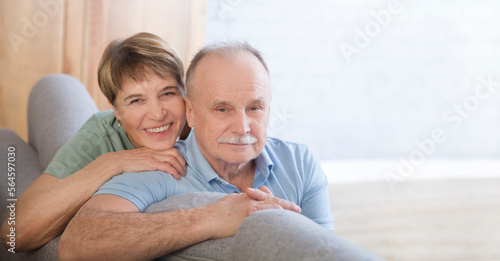 healthy seniors lifestyle. relaxing at home. portrait smiling a loving elderly couple hugs and looking at camera at home. Happy Valentine's Day © ulza