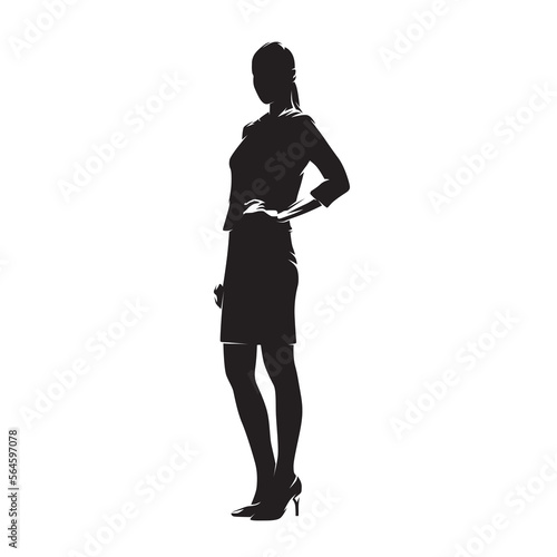 Business woman standing, isolated vector silhouette, ink drawing
