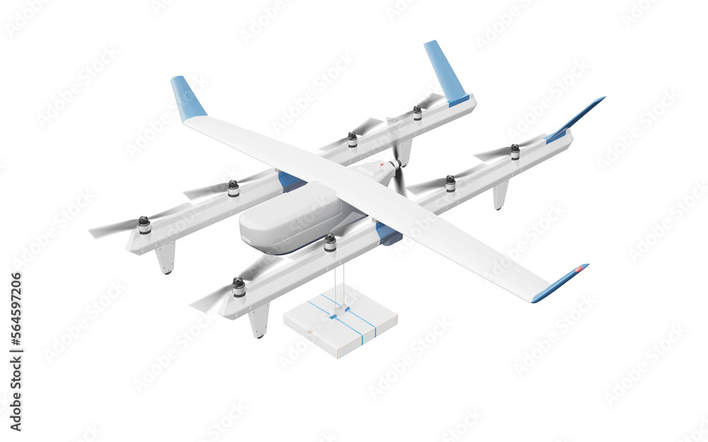 A drone for food delivery (pizza). The concept of business air transportation. Autonomous robot for delivery. The drone lowers the goods to the customer on cables. 3D illustration. White background. A drone for food delivery (pizza). The concept of business air transportation. Autonomous robot for delivery. The drone lowers the goods to the customer on cables. 3D illustration. White background.