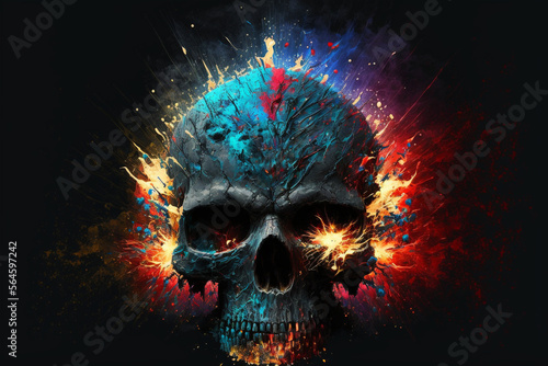 Human skull bursting into colorful powder. Generative Ai. 