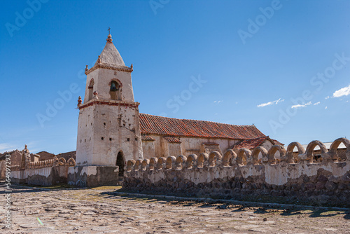 The historic white church Iglesia de Isluga on the high altitude plateau of the Andes (Altiplano)
 photo