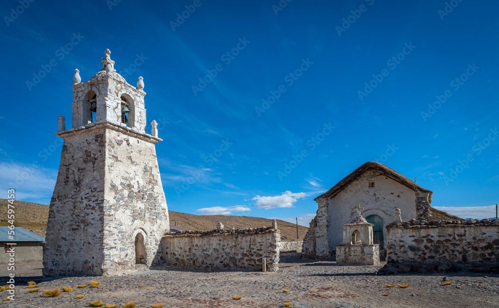 Historic church of the tiny village of Guallatiri, typical of churches on the high altitude plateau of the Andes (Altiplano) in northern Chile