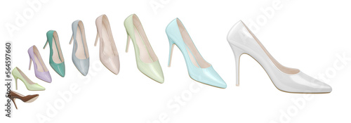 Flying classic fashionable women's patent leather shoes. Pastel colors. 3d illustration. Isolated on white background