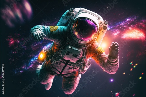 Astronaut in the sky diving in the universe with neon RGB light effect. Astronaut in space. space suit. Universe colors. suit. Generative AI