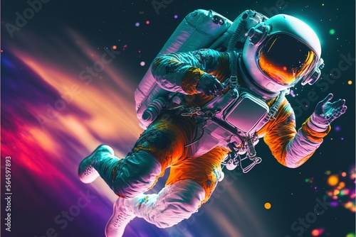 Astronaut in the sky diving in the universe with neon RGB light effect. Astronaut in space. space suit. Universe colors. suit. Generative AI © Chexy139