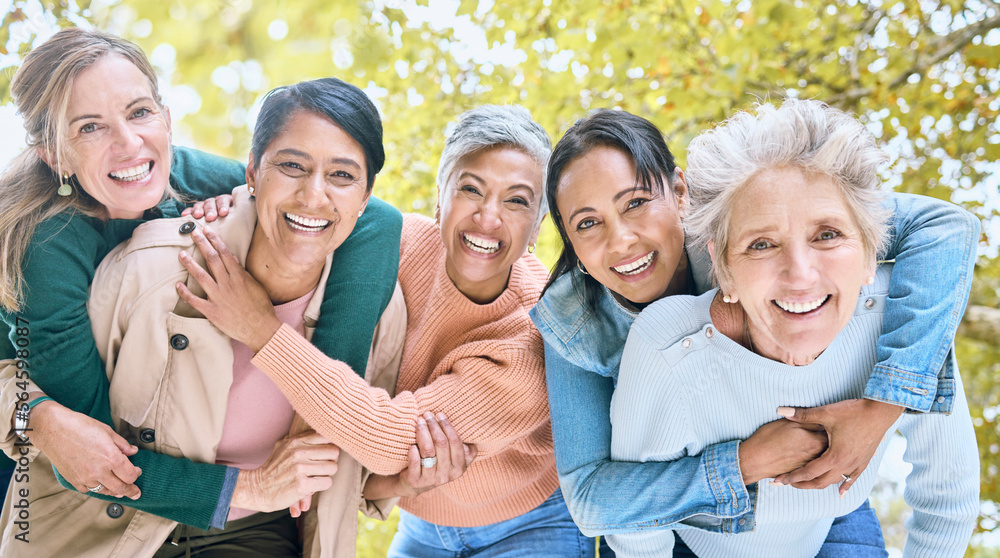 Obraz premium Friends, nature and portrait of group of women enjoying bonding, quality time and relax in retirement together. Diversity, friendship and faces of happy females with smile, hug and embrace in park
