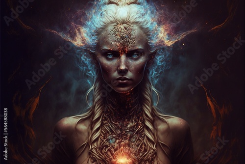 beautiful woman with blue eyes in enlightenment chakra energy generative ai 