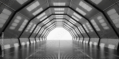 Fototapeta Naklejka Na Ścianę i Meble -  Dark Futuristic Modern Garage Showroom Tunnel Corridor. Entrance 3D Illustration