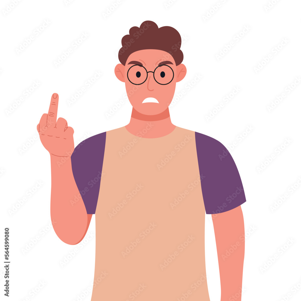 Curly young man in glasses showing off middle fingers. Obscene gesture. Vector illustration. Curly young man in glasses showing off middle fingers. Obscene gesture. Vector illustration.
