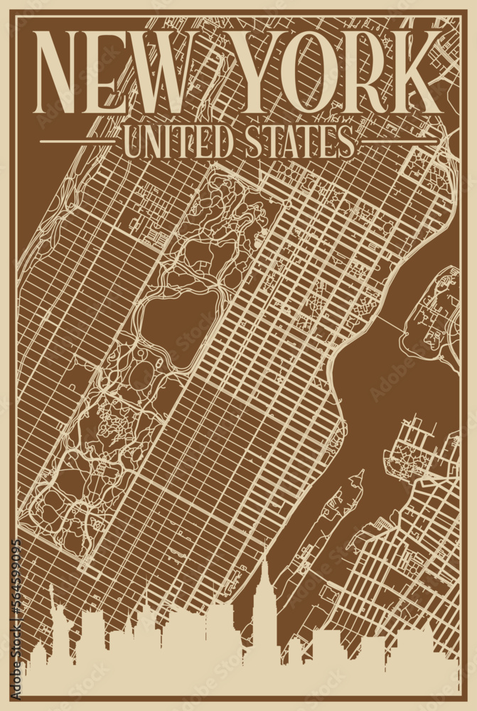 Obraz premium Brown hand-drawn framed poster of the downtown NEW YORK, UNITED STATES OF AMERICA with highlighted vintage city skyline and lettering