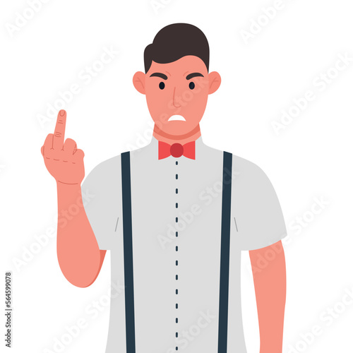 Young man showing off middle fingers. Obscene gesture. Vector illustration.