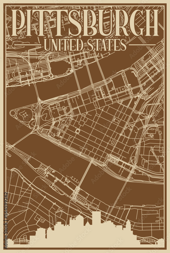 Obraz premium Brown hand-drawn framed poster of the downtown PITTSBURGH, UNITED STATES OF AMERICA with highlighted vintage city skyline and lettering