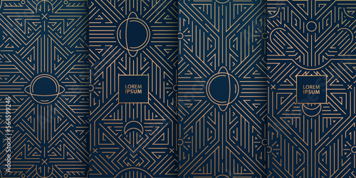 Vector set of line design in trendy vintage style, abstract art deco geometric frames, luxury package templates with planets. Celectial, magic covers, invitations, cards