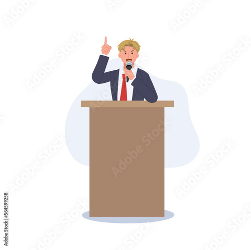 Tribune speech business politics concept. A speech from tribune with microphones. Male political character