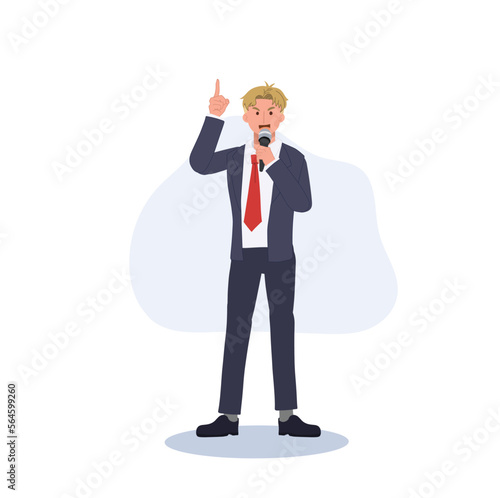businessman with microphone smile and giving speech, information, announce, advice. Flat vector illustration