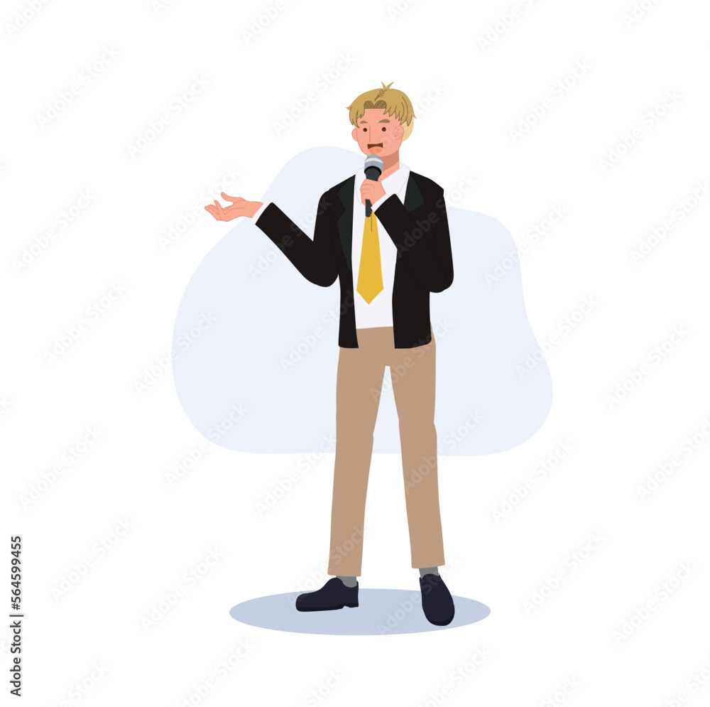 Television host, news reporter, moderator with microphone is speaking. Flat vector illustration - obrazy, fototapety, plakaty 
