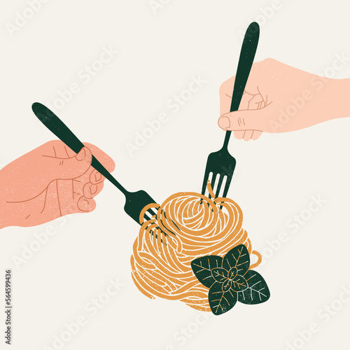 Two hands with forks tasting spaghetti with basil. Food textured composition. 