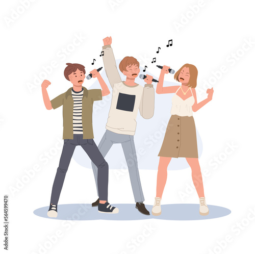 Group of people singing sing karaoke and enjoying time together having fun. Music lover, melody, song, hobby.