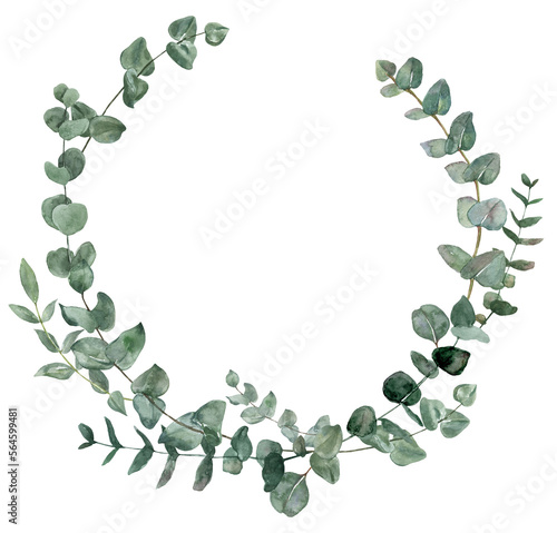 Watercolor eucalyptus wreath, hand-painted illustration. Sage green leaves and foliage frame. Botanical invitation template, isolated PNG with transparent background.