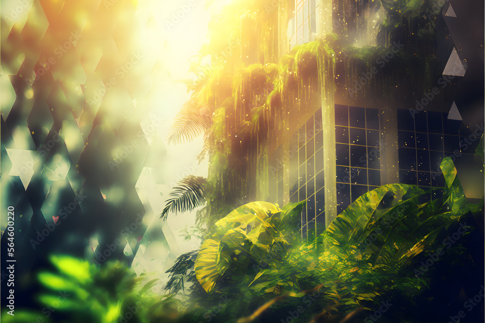 Obraz premium artificial building with rain forest, sunray, generative ai