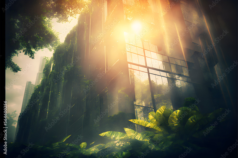 artificial building with rain forest, sunray, generative ai