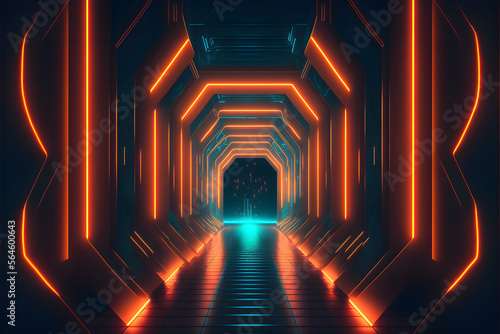 Futuristic sci-fi illuminated Ultraviolet Neon Laser Glowing tunnel, generative ai