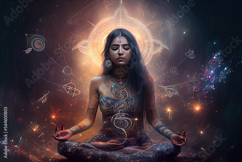 Captivating yoga meditation pose with cosmic energy and sound healing therapy symbols, ideal for promoting spiritual wellness and mindfulness practices. generative Ai 