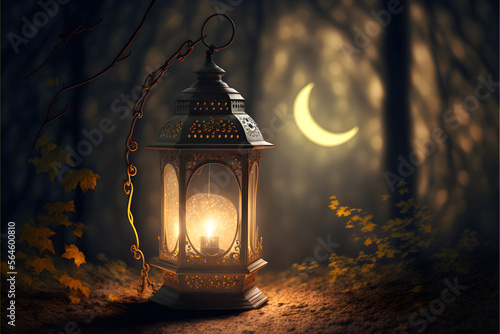Ramadan moon and lantern in the old forest, sun ray, generative ai