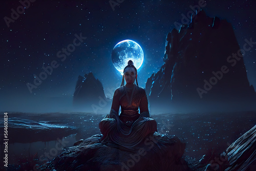 Woman at night in yoga meditation and reiki healing uses aspects of meditation to improve health and well being. in full moon 
