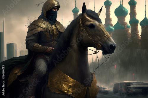 Muslim soldiers ride horses in the destroyed cities, generative ai © Nilima
