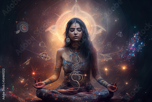 Meditative woman adorned in cosmic patterns, set against a celestial backdrop, embodying spiritual meditation and cosmic energy.. generative ai 