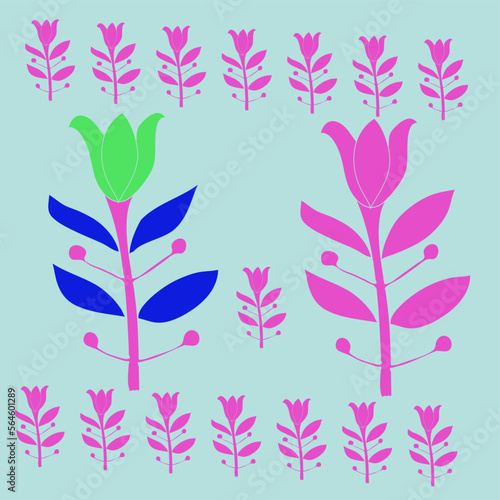 Stylized colored lilly, leaves . Hand drawn.