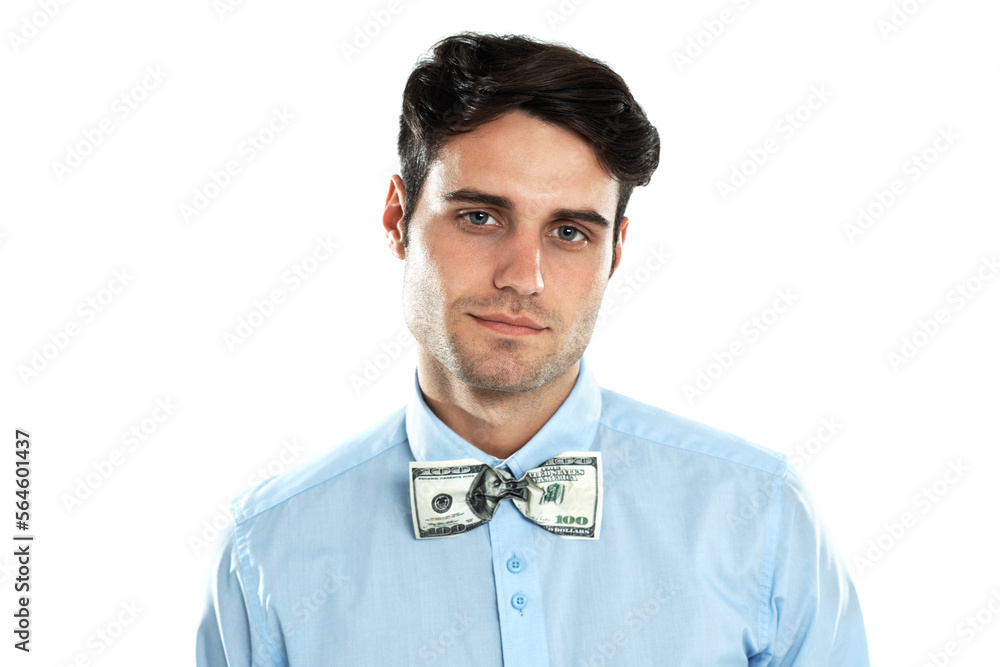 Busines man, portrait and money in studio with a dollar on shirt of entrepreneur for wealth, rich and luxury. Face of male model isolated on a white background with cash for investment or bribe deal Busines man, portrait and money in studio with a dollar on shirt of entrepreneur for wealth, rich and luxury. Face of male model isolated on a white background with cash for investment or bribe deal