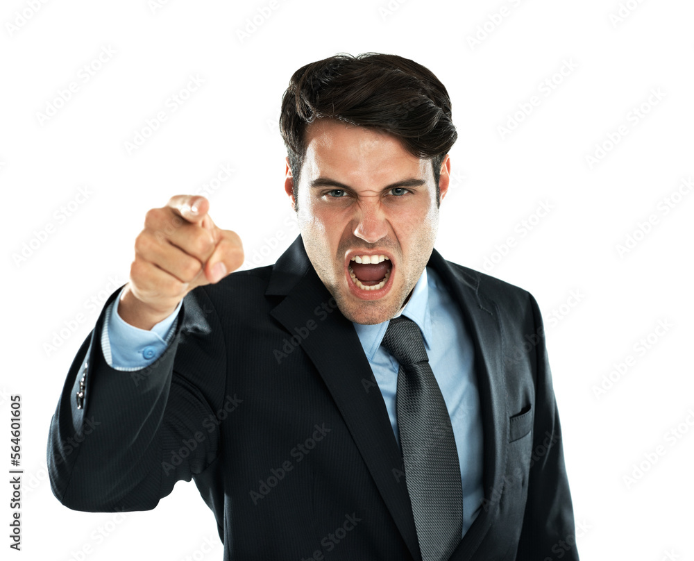 Shouting man, pointing and angry portrait of a business employee screaming with white background. Frustrated, anger and shouting with hand gesture about work, stress and career fail in studio Shouting man, pointing and angry portrait of a business employee screaming with white background. Frustrated, anger and shouting with hand gesture about work, stress and career fail in studio