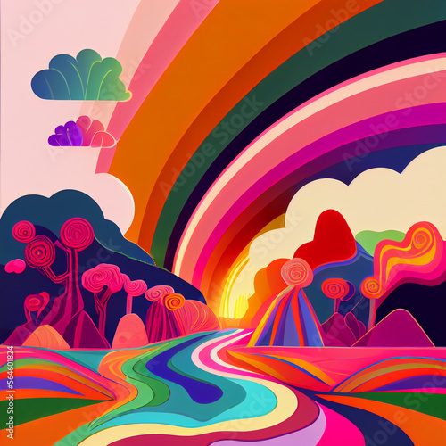 Fotografie, Obraz Colorful psychedelic landscape flat cartoon style wallpaper