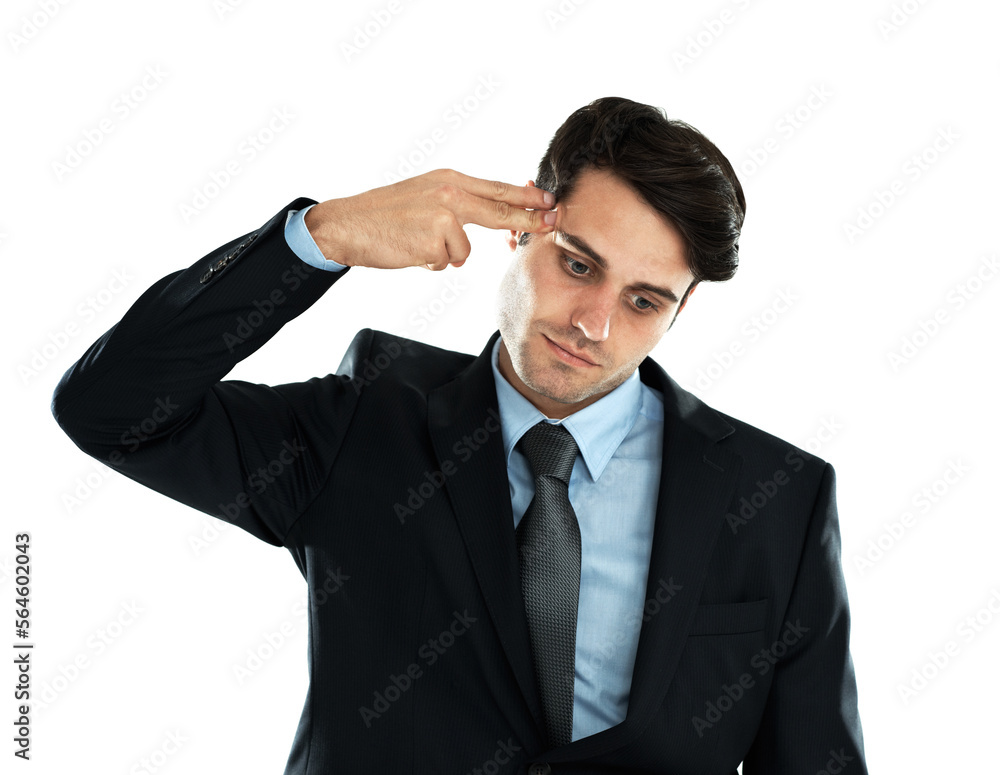 Stress, businessman and depression with hand gun to the head in studio against white background. Anxiety, suicide and young entrepreneur suffering mental breakdown after business fail and isolated Stress, businessman and depression with hand gun to the head in studio against white background. Anxiety, suicide and young entrepreneur suffering mental breakdown after business fail and isolated