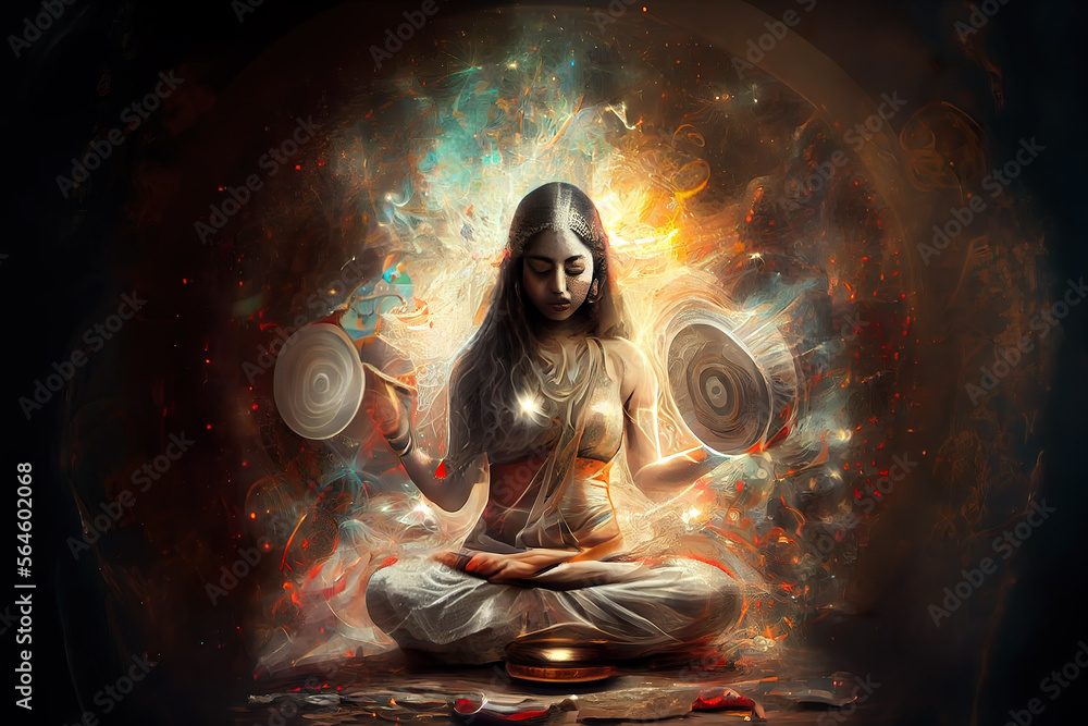 Woman in Sound healing therapy and yoga meditation , uses aspects of music to improve health and well being. can help your meditation and relaxation       