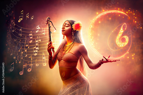 Woman in Sound healing therapy and yoga meditation and reiki healing ,uses aspects of music to improve health and well being. can help your meditation and slowlife generative ai