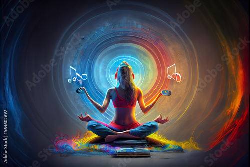 Woman in Sound healing therapy and yoga meditation and reiki healing uses aspects of music to improve health and well being. can help your meditation and relaxation generative ai