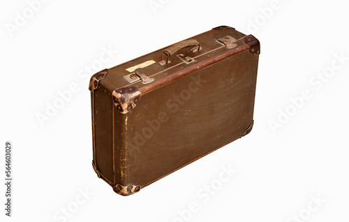 Old brown vintage travel suitcase isolated on white background. Symbol and concept of travel. Adventure time. Retro leather vintage travel suitcase or bag isolated on white.	