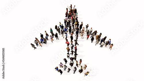 Concept conceptual large community of people forming the airplane sign. 3d illustration metaphor for modern, fast, comfortable and  secure transportation, holiday and business