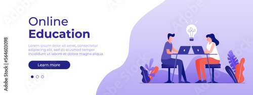 Online education concept. Vector layout for website page. Illustration in flat style with people studying remotely. Students learning online at home. Vector illustration EPS 10